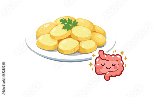 colored flat icon vector illustration isolated on white background plate with plain boiled potatoes peeled and sliced tiny calm gut icon comfort starch