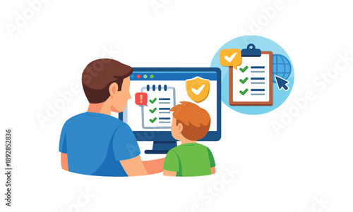full color icon parent and child reviewing screen together with checklist icon online rules guidance clean shapes. colored flat icon vector illustration isolated on white background