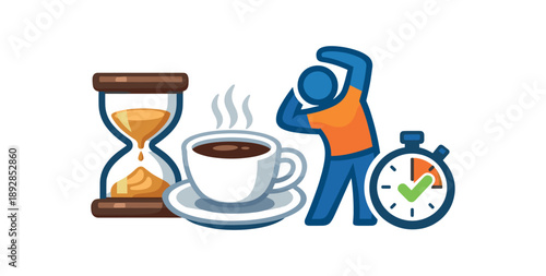 full color flat icon hourglass beside coffee cup and stretch icon short microbreak timer