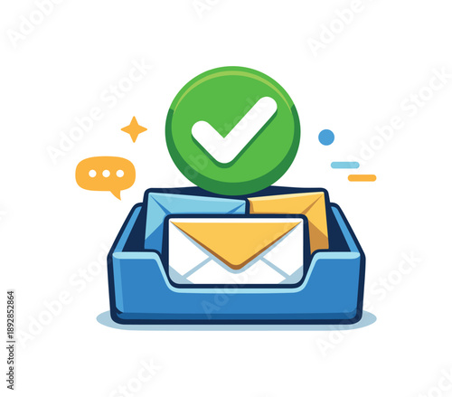 full color flat icon inbox tray with few emails and big green check calm communication flow