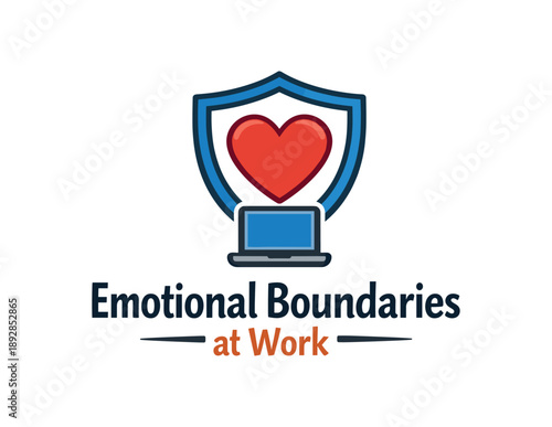 full color flat icon heart icon inside shield with small laptop below emotional boundaries at work