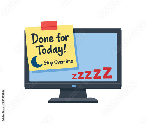 full color flat icon sticky note on monitor saying done for today with tiny moon icon stop overtime
