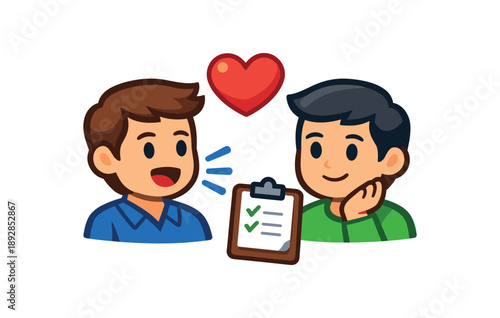 full color flat icon two simple faces one speaking one listening with heart kind support at workplace