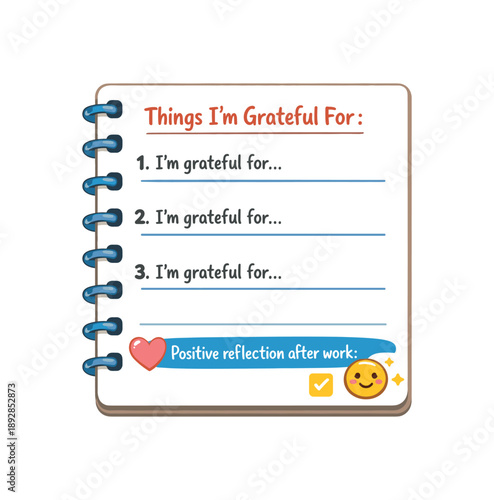 full color flat icon notebook page with three gratitude lines and tiny heart positive reflection after work