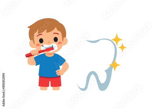 colored flat icon vector illustration isolated on white background isolated on white background child brushing teeth with big tooth and sparkle visit dentist and brush teeth rule flat on