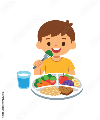 colored flat icon vector illustration isolated on white background isolated on white background child eating plate of vegetables fruit and grain balanced healthy meal rule flat on white