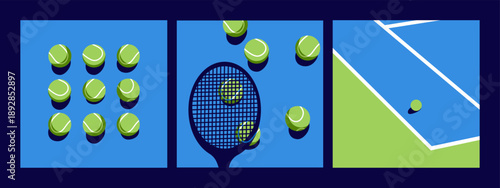 Premium Tennis Art Collection Square artworks. Sophisticated Geometric Compositions Featuring Rackets, Courts, and Balls in Bold Blue and Green Tones for High-End Sports Branding, Editorial Design, an