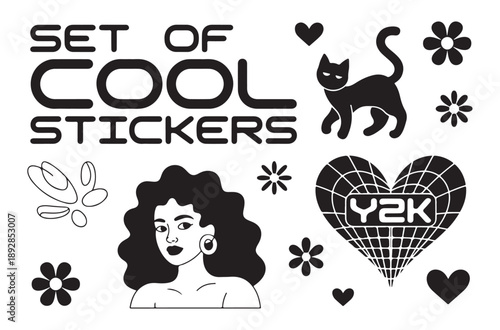 Set of cool stickers with y2k aesthetic featuring black cat woman portrait hearts flowers and retro shapes