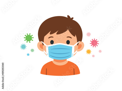 colored flat icon vector illustration isolated on white background isolated on white background child wearing mask with tiny germ faded when needed health protection rule flat on white