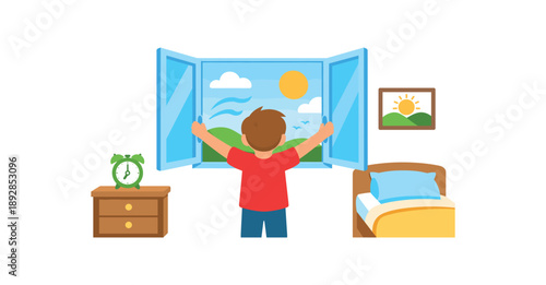 colored flat icon vector illustration isolated on white background isolated on white background child opening window bedroom fresh air the morning health rule flat on white background clean