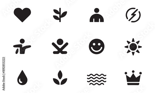 Minimalist bold vector icons representing mental health wellness and emotional balance in brutalist design style