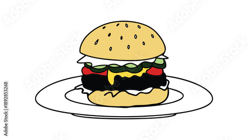 Delicious cartoon hamburger with cheese and pickles served on a simple white plate