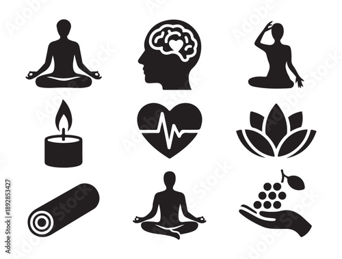 Mindfulness and spiritual growth icons featuring yoga positions and anatomy symbols for healthcare programs