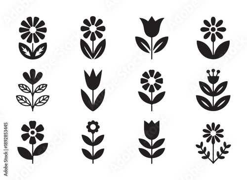 Set of minimalist garden flower icons including tulips and daisies with stems and leaves for card design