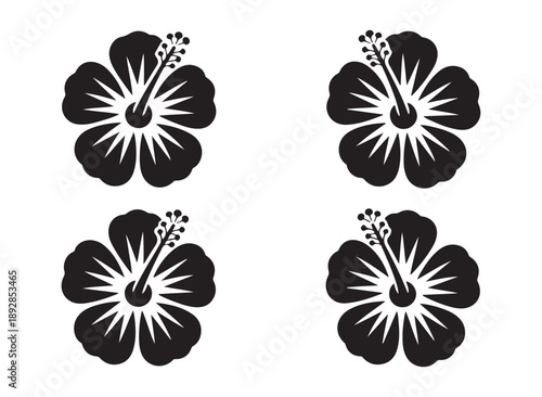 Four black hibiscus flower icons with intricate details, presented on a pristine white background