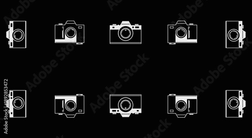 Collection of vintage camera outlines on black background.
