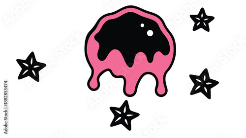 Cute dripping black slime blob surrounded by decorative star shapes graphic element