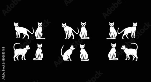 Collection of White Cat Silhouettes on Black Background.