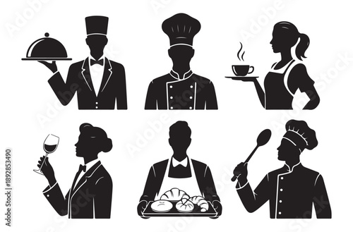 Professional hospitality industry icons depicting chef waiter and waitress silhouettes in various work roles