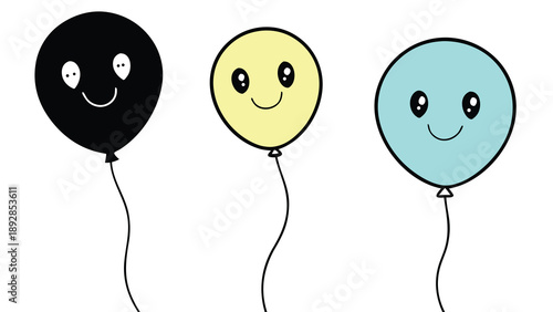 Three cute smiling balloons in black yellow and light blue colors float