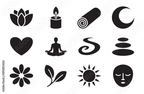Zen and spa vector black silhouette icons with lotus flower, candle, rolled towel, crescent moon, heart