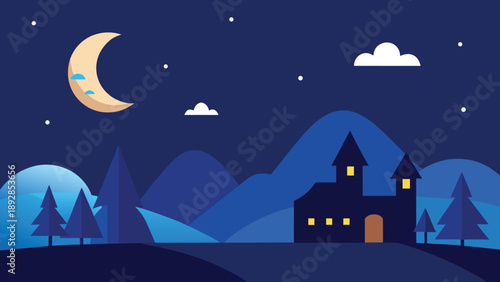 Spooky castle silhouette stands alone beneath the crescent moon in dark forest