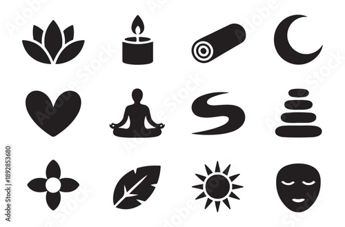 Zen and spa vector black silhouette icons with lotus flower, candle, rolled towel, crescent moon, heart