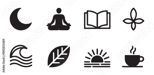 Black silhouette and outline icons for relaxation, zen, meditation, moon, yoga, book, wave, leaf
