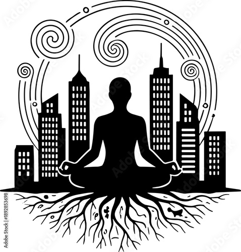 Urban Meditation Silhouette: Finding Inner Peace and Spiritual Roots in the Modern Cityscape. Vector Graphic Symbolizing Grounding, Mindfulness, and Balance amidst Skyscrapers and Flowing Energy.