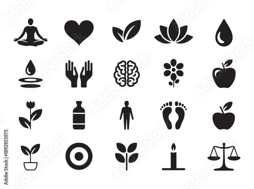 Wellness and spiritual practice glyph icons set including meditation water drops brain flower apple and bottle