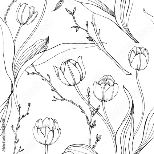 Tulips graphic seamless pattern hand-drawn in ink. Black and white background of a flowers with a bud and leaves. Template for designing labels, textiles and packaging.