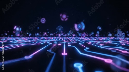 Cyber Circuitry Symphony: Futuristic neon circuits pulsate with vibrant energy, connected to hovering spheres, creating a visually stunning representation of technological innovation.