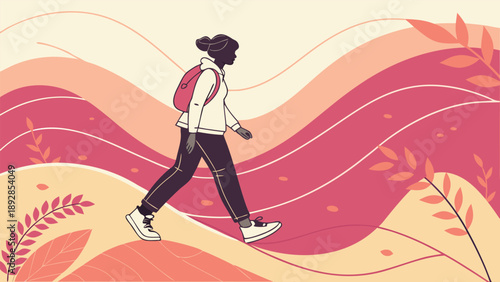 Woman hiking outdoors with backpack through stylized warm colored landscape hills