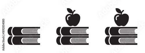 Set of educational icons representing knowledge and learning with stacks of books and apples isolated on white