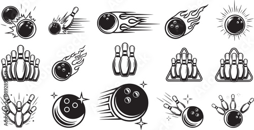 A Collection of Bowling Icons and Illustrations Featuring Bowling Balls, Pins, and Sports Imagery