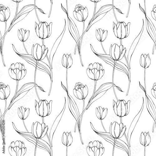Tulips graphic seamless pattern hand-drawn in ink. Black and white background of a flowers with a bud and leaves. Template for designing labels, textiles and packaging.
