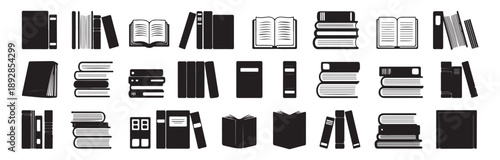 Set of black and white book icons showcasing various forms including stacks, open books, and individual volumes