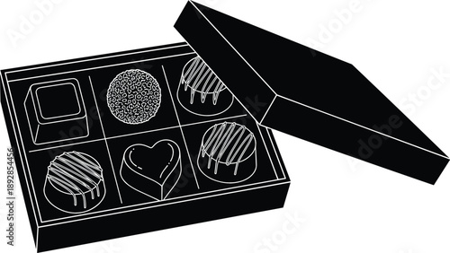Assorted luxury chocolate truffles in an open gift box vector silhouette illustration for Valentines Day dessert packaging and romantic celebrations icon