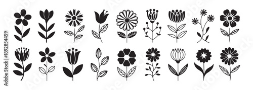 Set of stylized flowers and floral elements in black and white, minimalist line art and silhouette style