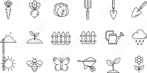 A collection of black and white line art icons for gardening and farming themes