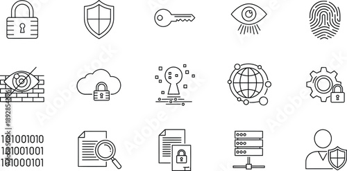 A collection of line art icons representing various concepts of cybersecurity and data protection