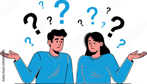 Confused young couple with question marks floating above their heads looking puzzled and uncertain