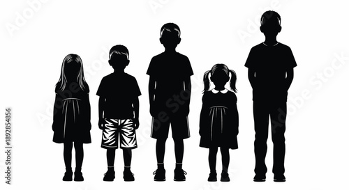 Children Silhouettes in Order of Height on White Background