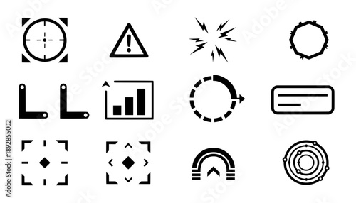 Set of black futuristic HUD user interface elements including target crosshair radar warning data chart and loading icons for game ui design