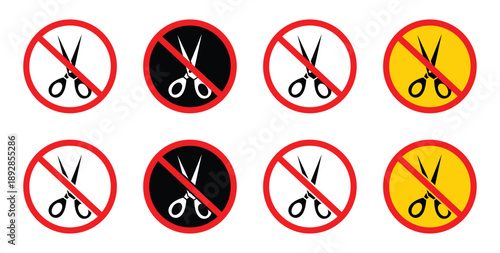 No scissors sign. No Scissors Or Cutting Tools Prohibited Sign With Sharp Object vector Symbol Safety, isolated on white background.