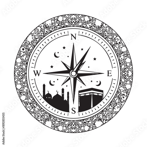 Qibla compass vector with Kaaba and mosque for Islamic prayer direction