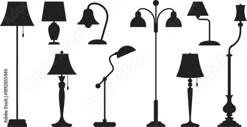 Black floor lamp and street light silhouette icons, minimal lighting equipment collection isolated on white for home urban design projects