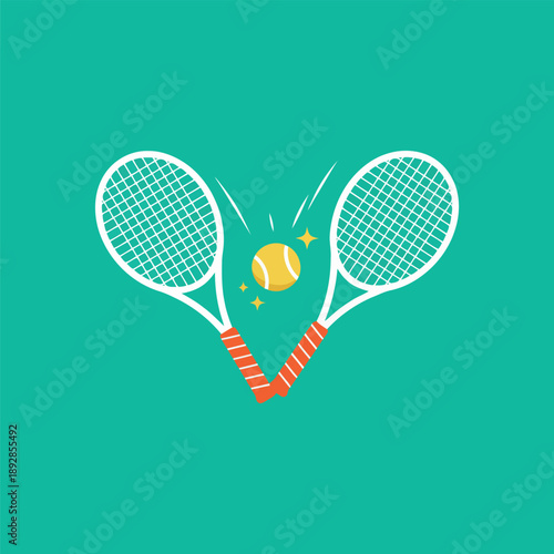 A vibrant illustration of two tennis rackets hitting a dynamic ball on a teal background
