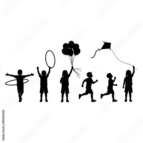 Children's joyful play: silhouettes of kids engaged in various outdoor activities