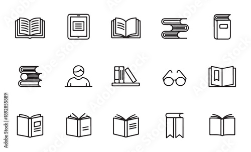 Book line icons set including library education reading and literary symbols for simple minimalist web design